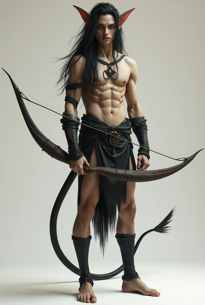  a light-skinned male character, long black hair, honey-colored eyes, ears set high on the head with a pointed shape, a singular and threatening beauty, in perfect posture holding a bow ready to shoot. he has a slender cylindrical tail that projects out of a loincloth.

