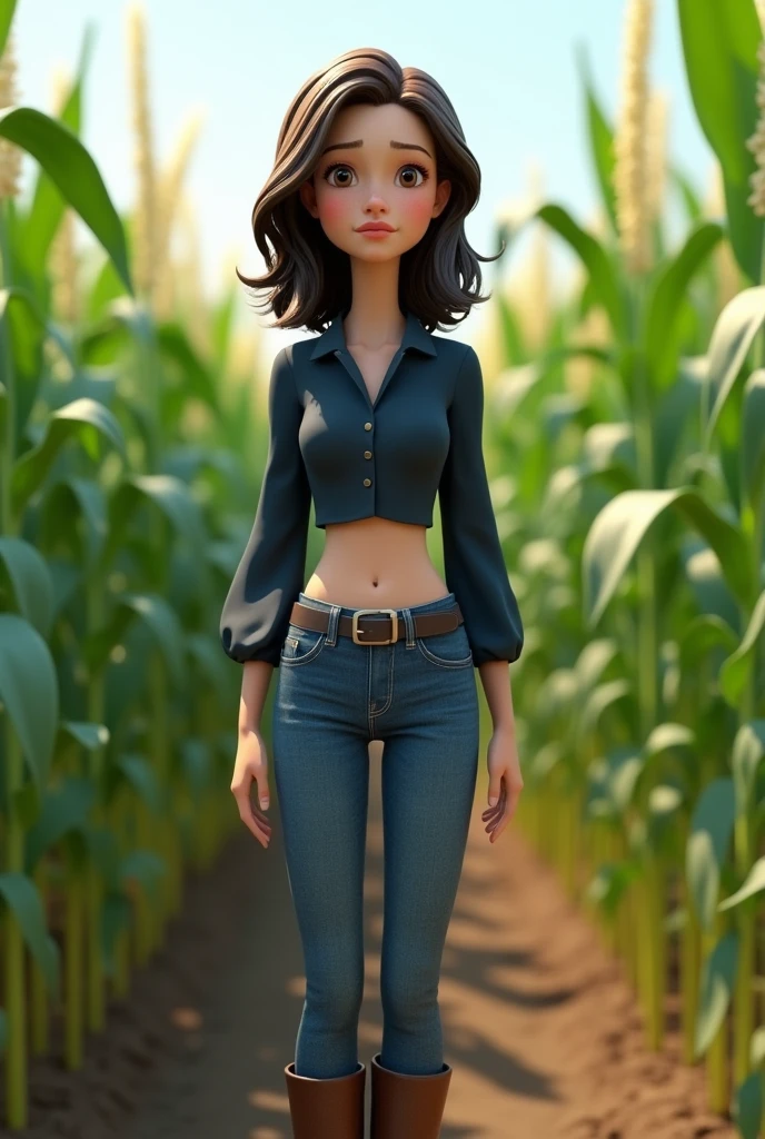 3d animation, 20-year-old girl, agronomist, thin body, with white skin, large, medium-length dark brown hair, wearing jeans with a buckle belt, wearing ankle boots, with a short navy blue blouse showing her belly, in the middle of a sorghum plantation