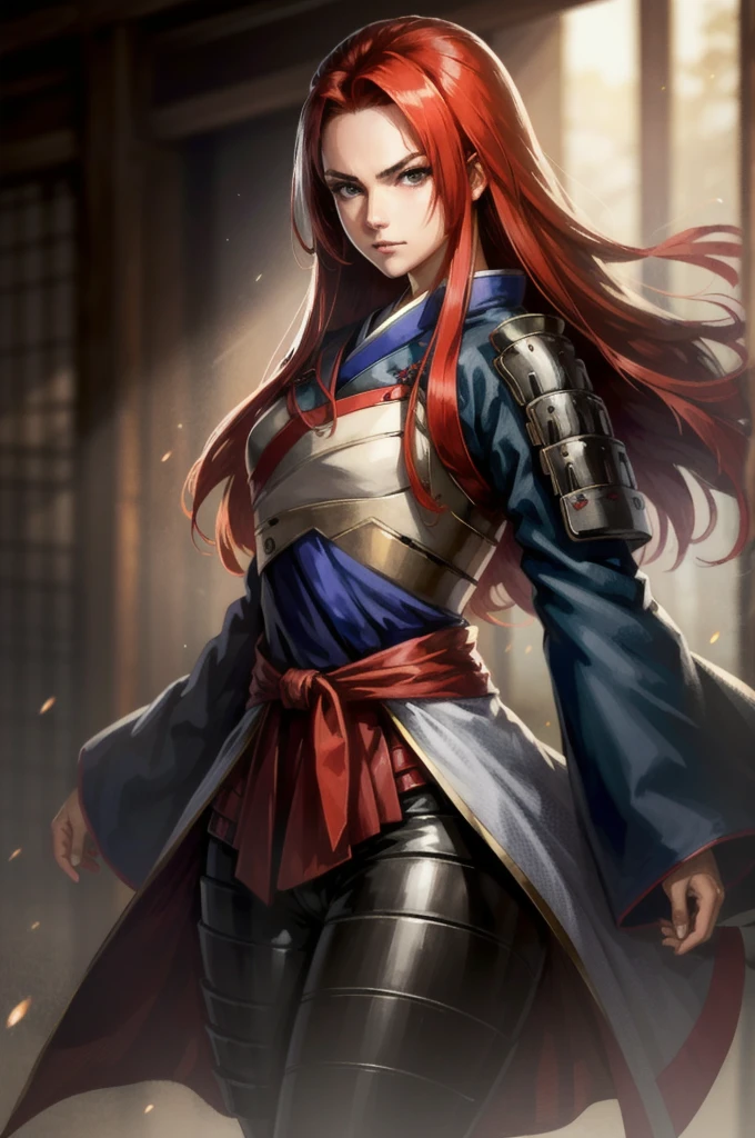 Armored１People Women, Sad, Hanfu, Tight waist, Long red hair that isn't tied up, Her presence itself is captivating., anime style, motion blur, cowboy shot, UHD, retina, masterpiece, accurate, anatomically correct, textured skin, super detail, high details, high quality, award winning, best quality, highres