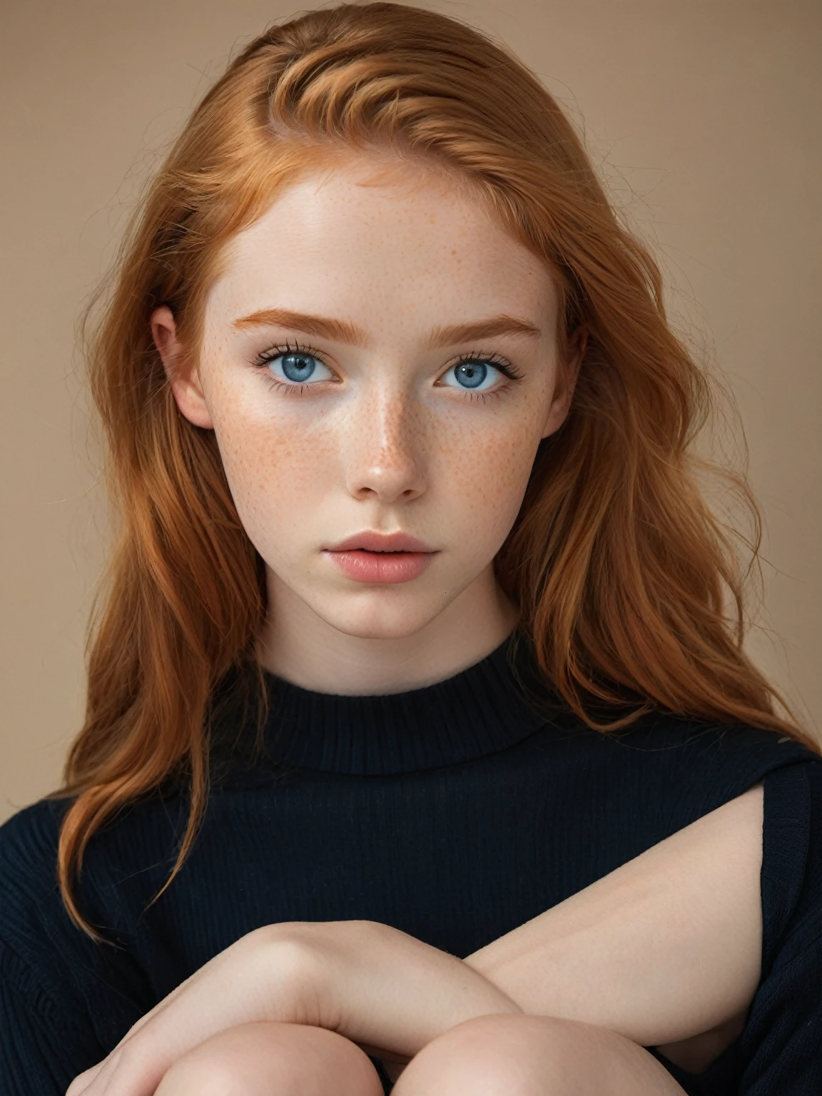 half body photo of a cute 15yo cute ginger girl, (looking shy:1.3), freckles, detailed face, detailed skin, wearing a ribbed knit crop top with cargo pants, beautiful body, large round blue eyes, black eyeliner, sensual lips, suggestive pose