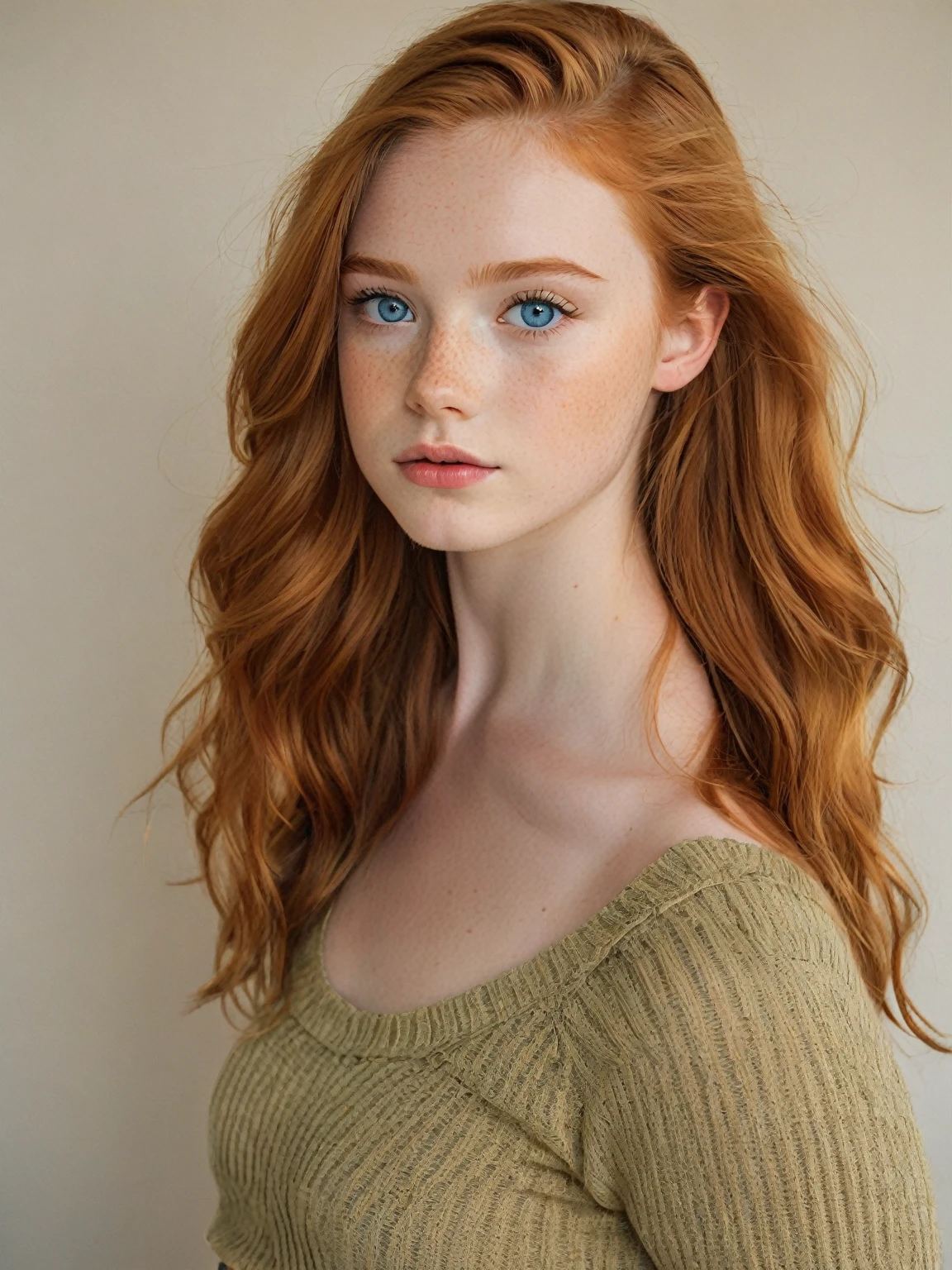 half body photo of a cute cute ginger girl, (looking shy:1.3), freckles, detailed face, detailed skin, wearing a ribbed knit crop top with cargo pants, beautiful body, large round blue eyes, black eyeliner, sensual lips, suggestive pose