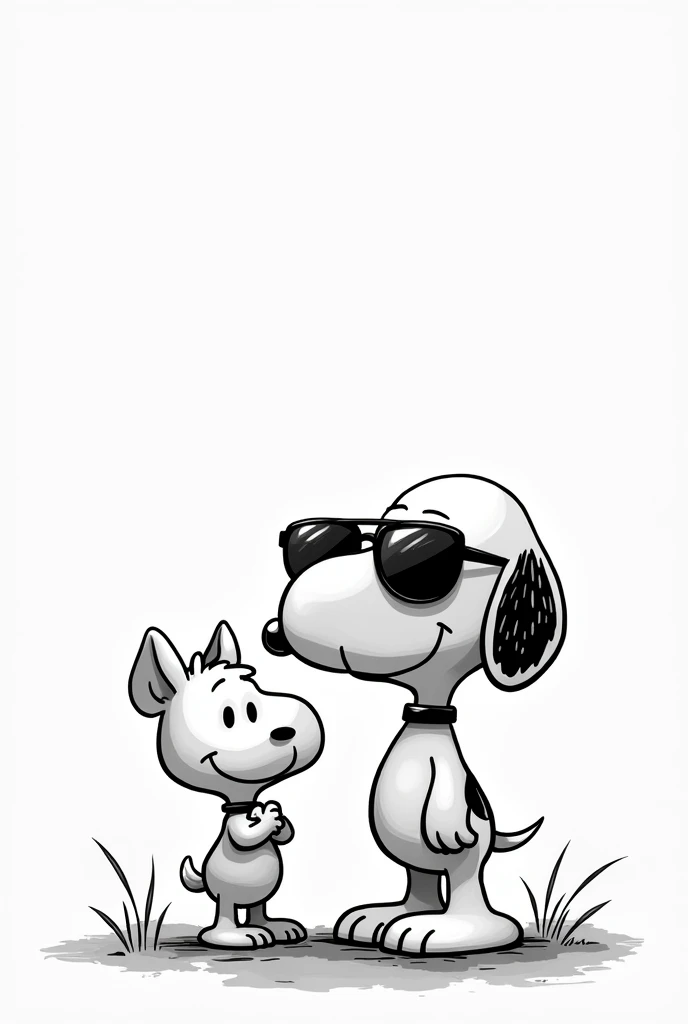 Snoopy wearing sunglasses with a cool piglet, monochrome