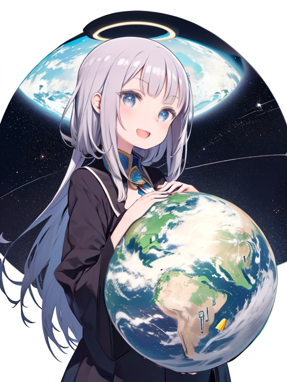 One Girl、smile、Open your mouth a little、((Hold the Earth in front of your chest with both hands、A small globe in front of the body))、Space Background、Take control of the world、Ruler、World Conquest、Upper Body、Front view、Angle from above、