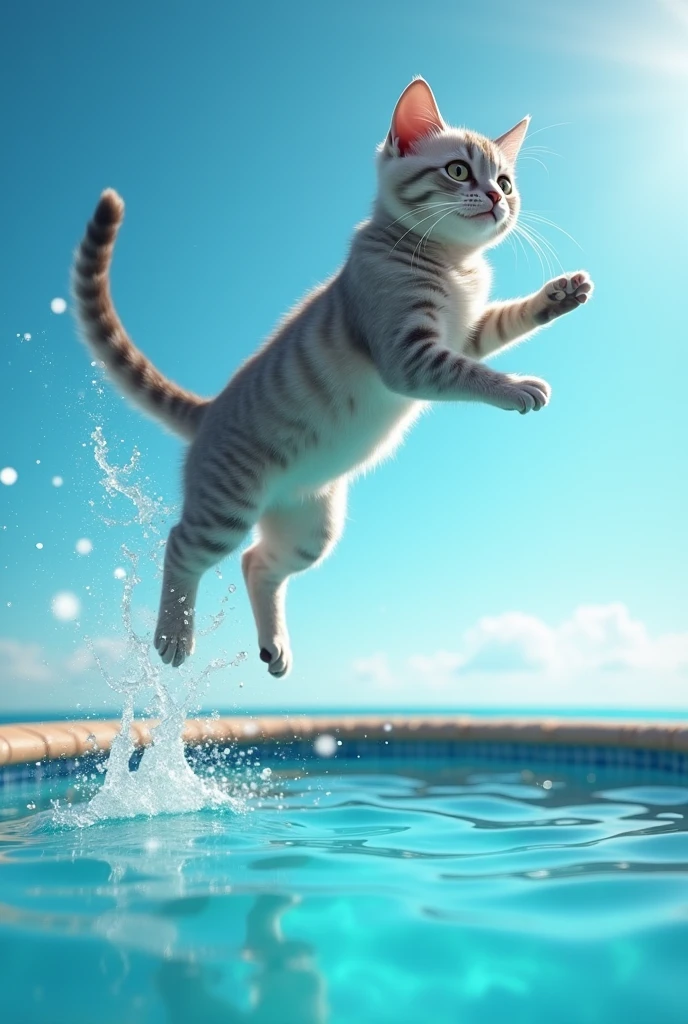 Cat jumping like a dolphin in a half-sided pool