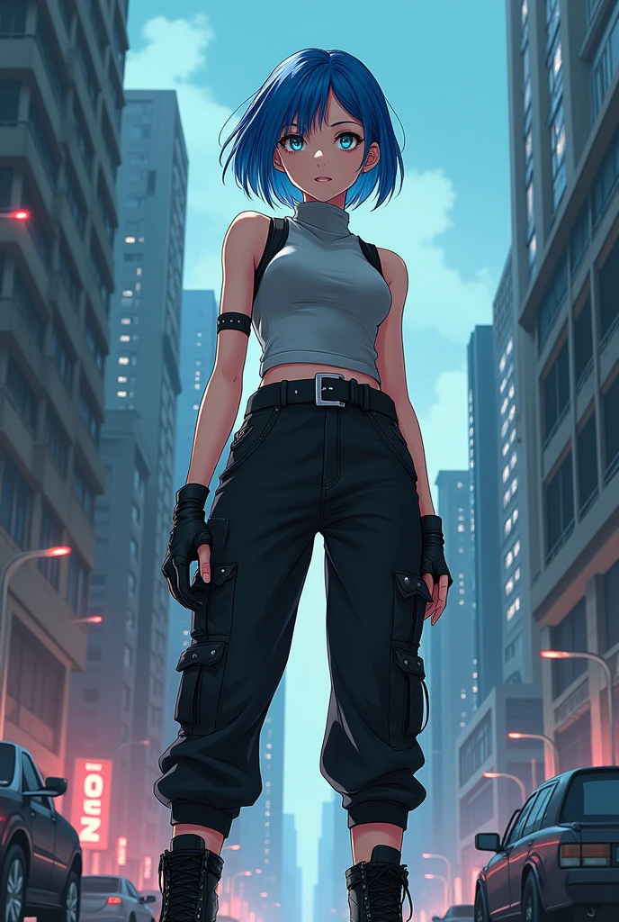 a girl wears black scarf, sleeveless gray turtleneck with black stripe at the end of shoulders, black belt, black jogger cargo pants, black combat boots. She has blue short hair, her bangs is covered her left eye, teal color eyes. in anime art style