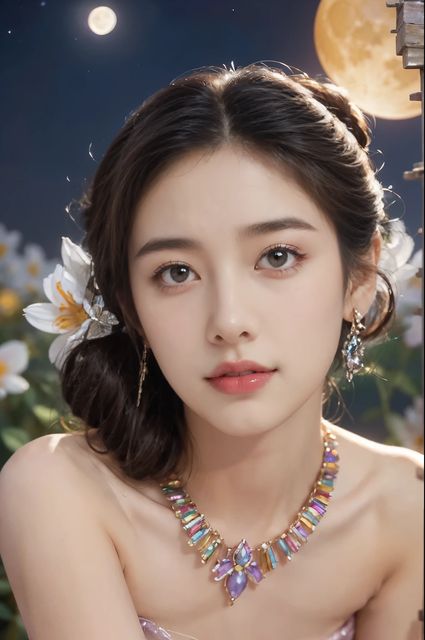 (((best quality))),(((ultra detailed))),(((masterpiece))),illustration,((1 beautiful girl,solo)),(neat chignon:1.2),((earrings,crystal necklace)),((slim,thin)),((small breasts,flat chest)),(a moon in the clear night sky as the background:1.3), gentle glow,(Standing in the world full of vibrant flowers:1.3),(strapless gorgeous sheer bra:1.3),sparkling eyes,graceful,(surrounded by crowded colorful flowers:1.5), kaleidoscope, shimmer,bright moonlight, delicate petals, fragrance, otherworldly, magical realm, enchantment, tranquility, essence of beauty, peace,(outdoor:1.2),(night scene:1.3),((from front,close-up of face))