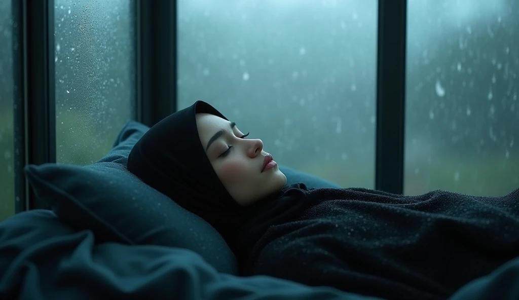 Beautiful woman sleeps, night rain in the glass room, black hijab woman sleeping rain glass window