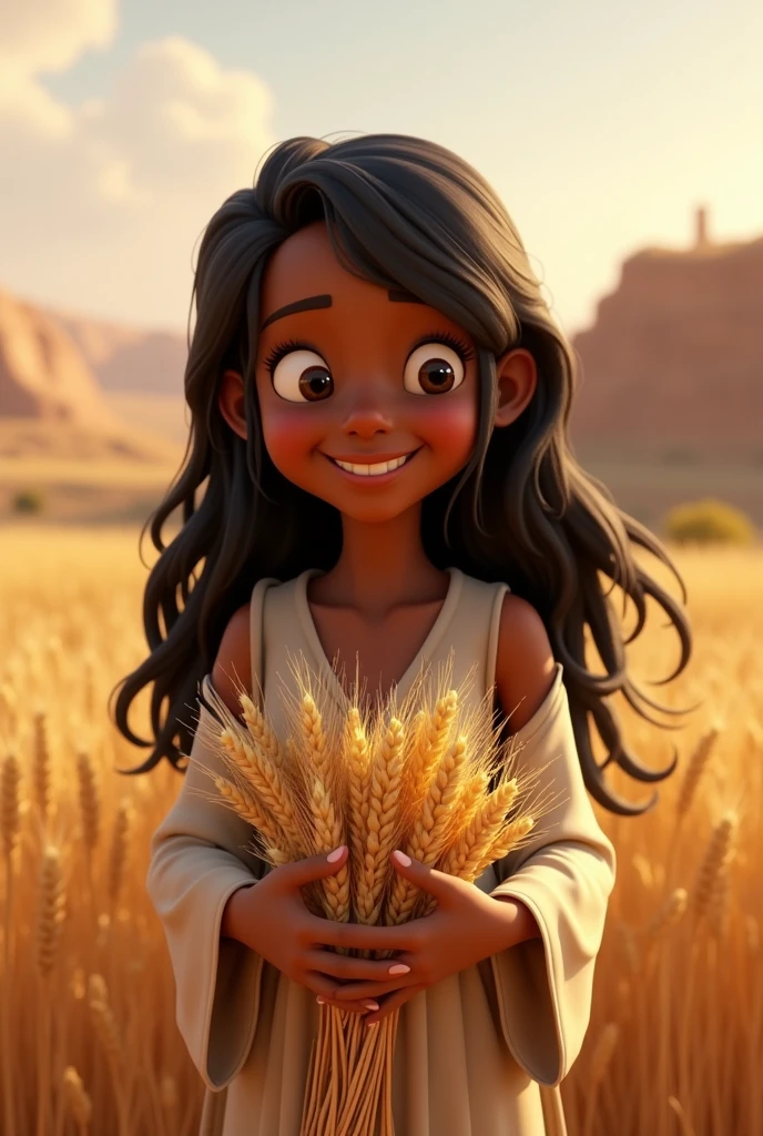 pixar character,  adolescent, in biblical times, black, straight wavy hair smiling holding wheat, without accessories