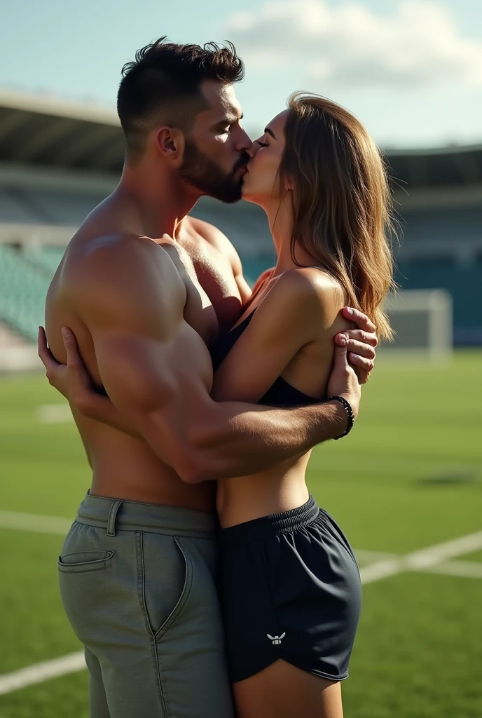 (photorealism:1.2), handsome muscular footbalist dad kiss his teenage son horny in football court