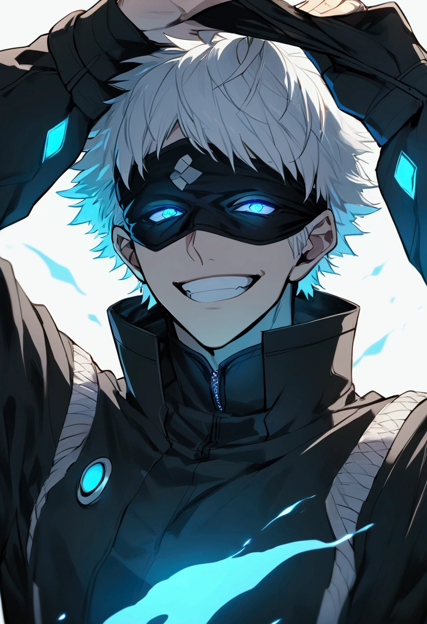 1boy, male focus, gojou satoru, jujutsu kaisen, black jacket, blindfold lift, blue eyes, glowing, glowing eyes, high collar, jacket, jujutsu tech uniform, solo, grin, white hair