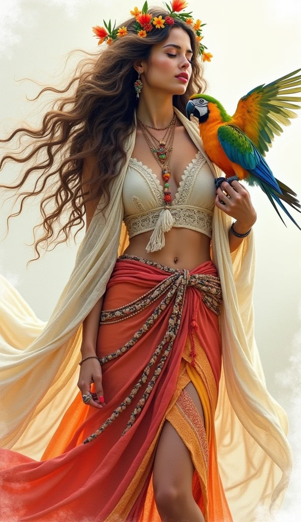 A captivating and enchanting photography that beautifully captures the essence ofa free-spirited and radiant Bohemian woman. She has cascading wavy hair adorned with intricate floral accents and tenderly holds her beloved parrot. She wears a flowing, lively maxi skirt with intricate patterns, a boho top, and a draped shawl, all adorned with subtle accessories like feathers and flowers. With her eyes closed and lips parted, she exudes a dreamy expression, deeply connecting with the world around her. The artist masterfully employs the fluidity and texture of watercolors to create a mesmerizing piece with a soft pastel background that evokes an ethereal atmosphere. Vibrant colors infuse the scene, creating an otherworldly and magical ambiance., dark fantasy, illustration, product, 3d render, vibrant, painting, photo, fashion, hyper-detailed, epic detail, upgrade, glitter, sparkles, lively, bold,clean, vibrant, painting, illustration, dark fantasy, 3d render, product, fashion, photo