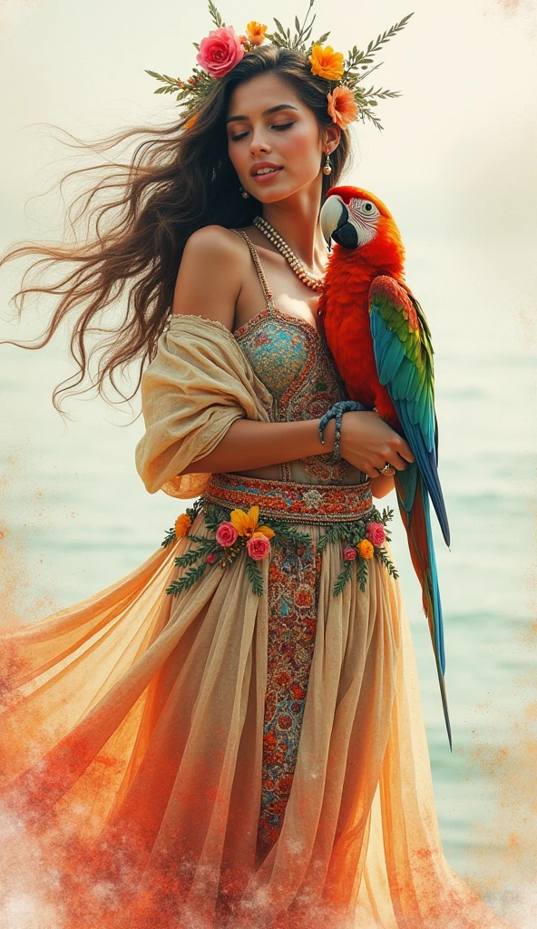 A captivating and enchanting photography that beautifully captures the essence ofa free-spirited and radiant Bohemian woman. She has cascading wavy hair adorned with intricate floral accents and tenderly holds her beloved parrot. She wears a flowing, lively maxi skirt with intricate patterns, a boho top, and a draped shawl, all adorned with subtle accessories like feathers and flowers. With her eyes closed and lips parted, she exudes a dreamy expression, deeply connecting with the world around her. The artist masterfully employs the fluidity and texture of watercolors to create a mesmerizing piece with a soft pastel background that evokes an ethereal atmosphere. Vibrant colors infuse the scene, creating an otherworldly and magical ambiance., dark fantasy, illustration, product, 3d render, vibrant, painting, photo, fashion, hyper-detailed, epic detail, upgrade, glitter, sparkles, lively, bold,clean, vibrant, painting, illustration, dark fantasy, 3d render, product, fashion, photo