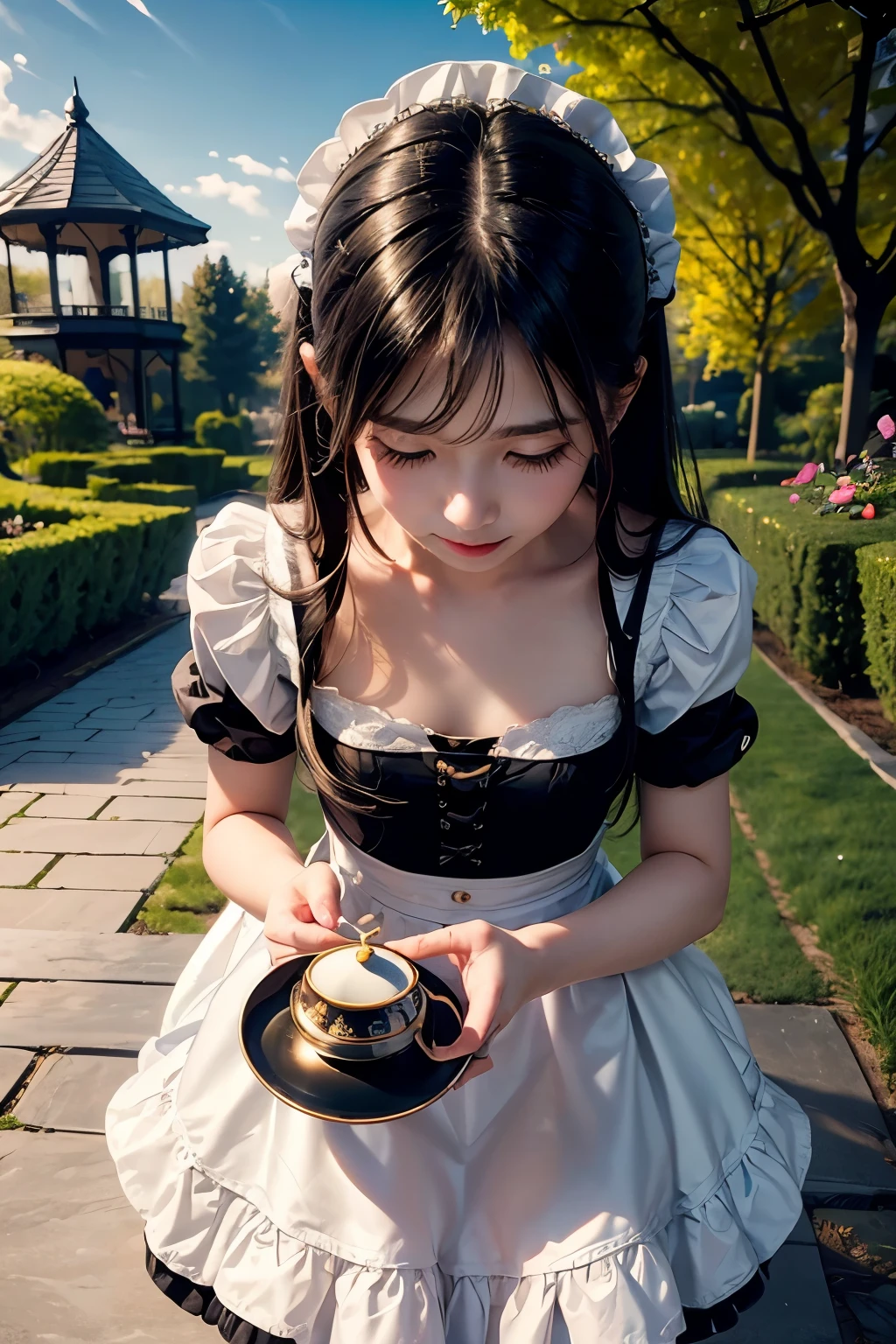 masterpiece,Highest quality,Very detailed,Maid Girl,,Small breasts,Black Hair,very cute,Maid clothes,Outdoor,Garden Gazebo,Tea party