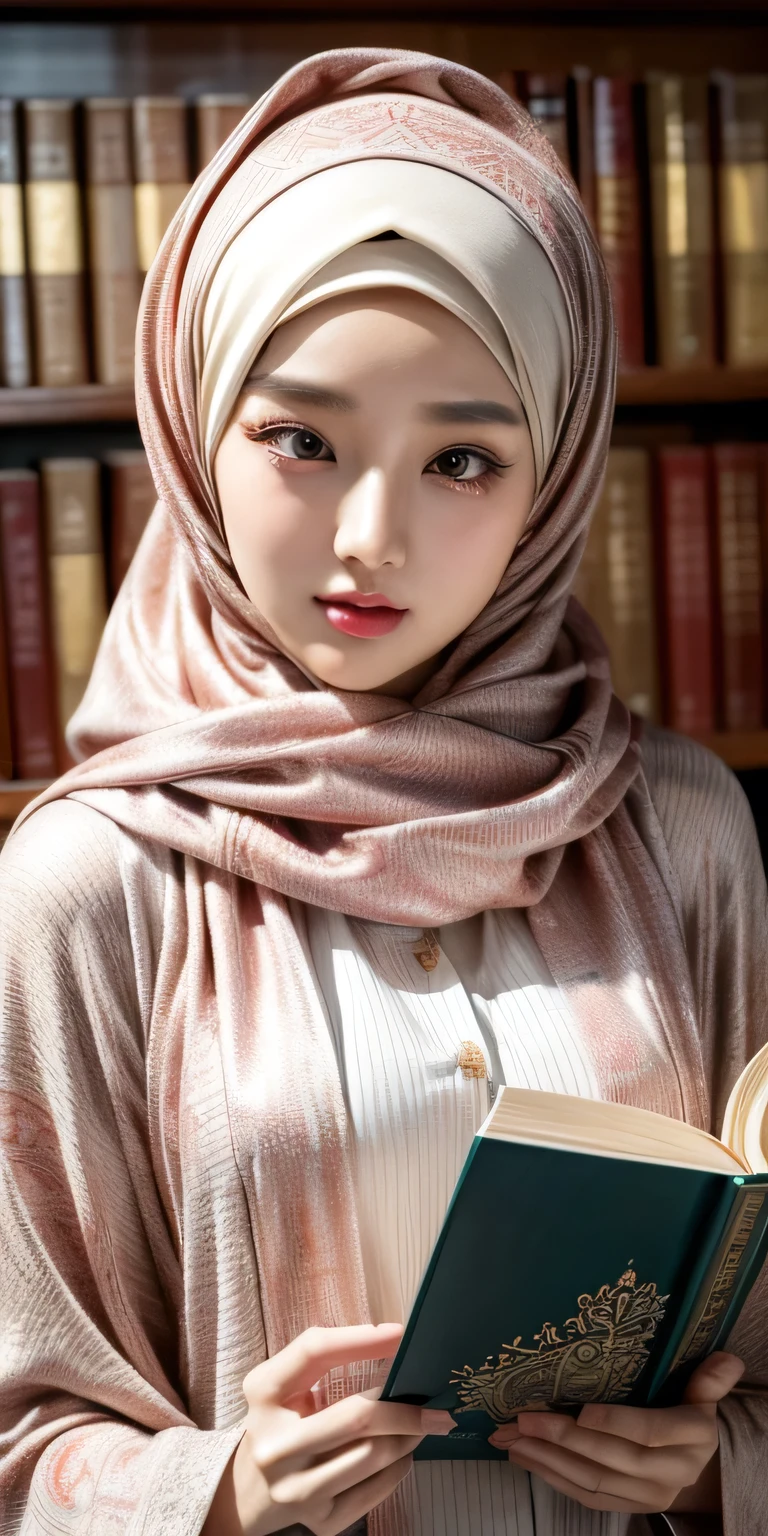 Korean girl, beautiful girl in hijab, 1 girl, perfect face, expressive eyes, makeup, eyeshadow, eyeliner, luxurious hijab, patterned hijab, hijab decoration, brooch, shiny lips, in the library, read a book,