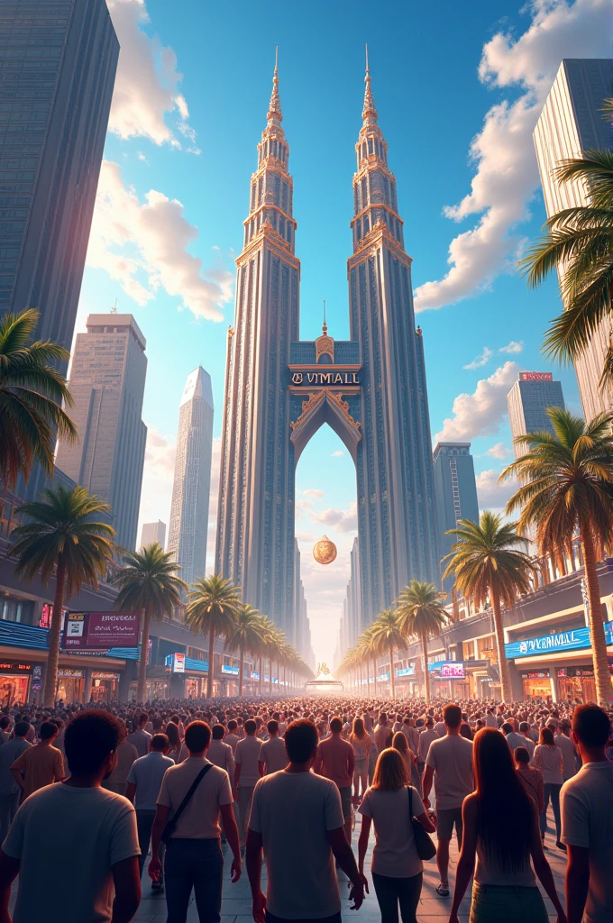 Make a banner of biggest mall and her name is LV mall on the top centre of her mall and so much people are looking this mall with happiness and crowd and go in this mall for shopping.