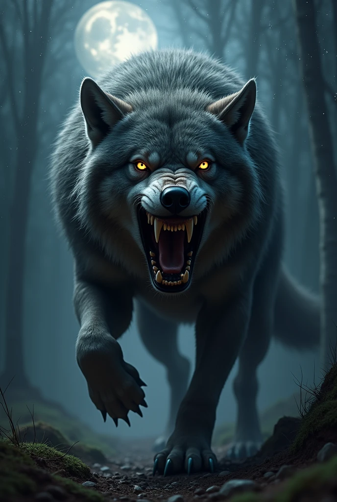 Wolf with big teeth in night
