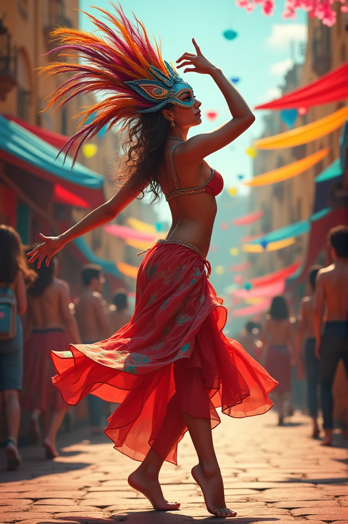 person dancing with a mask on their face in a very colorful place