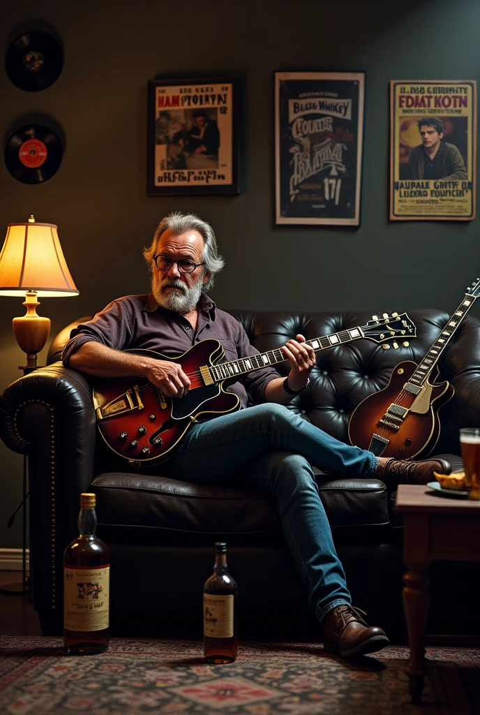 A 40 year old man sitting on the couch playing the blues with a Gibson Les Paul electric guitar and next to him are bottles of whiskey, on the table there is a picture of a beautiful woman with green eyes and on the table there is also a blues vinyl record