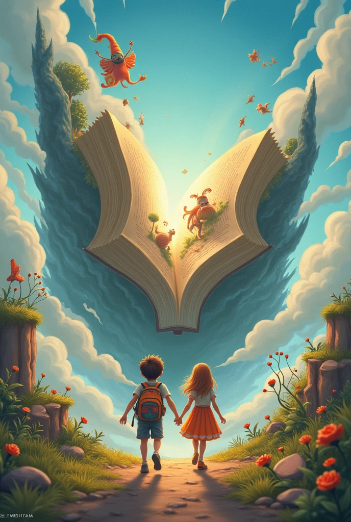 a boy and girl walking hand in hand towards a giant book