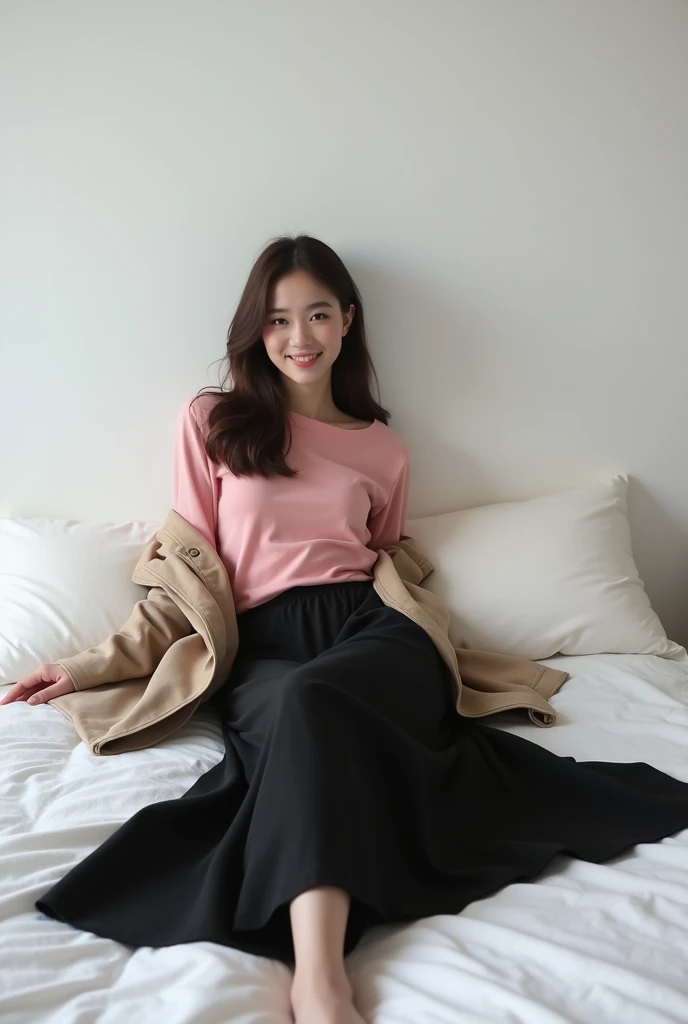 brunette, smile, physique: smallest belly ever, flat chest, skinny face, white wall, no decoration, long black skirt, pink shirt, long jacket, lying on bed, looking smiling at camera