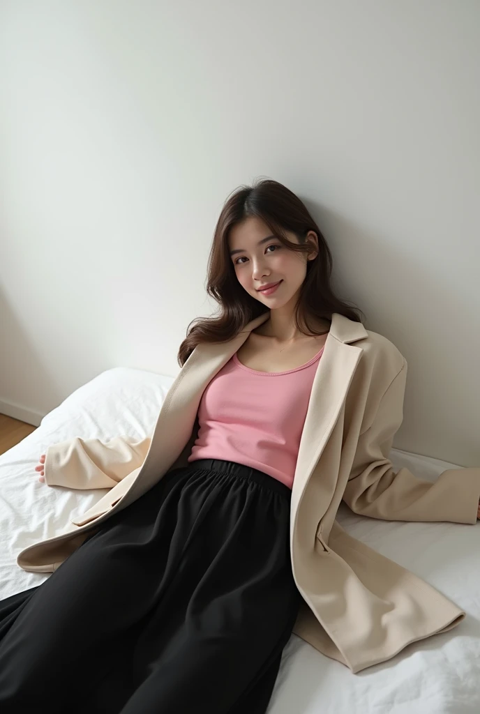 brunette, smile, physique: smallest belly ever, flat chest, skinny face, white wall, no decoration, long black skirt, pink shirt, long jacket, lying on bed, looking smiling at camera