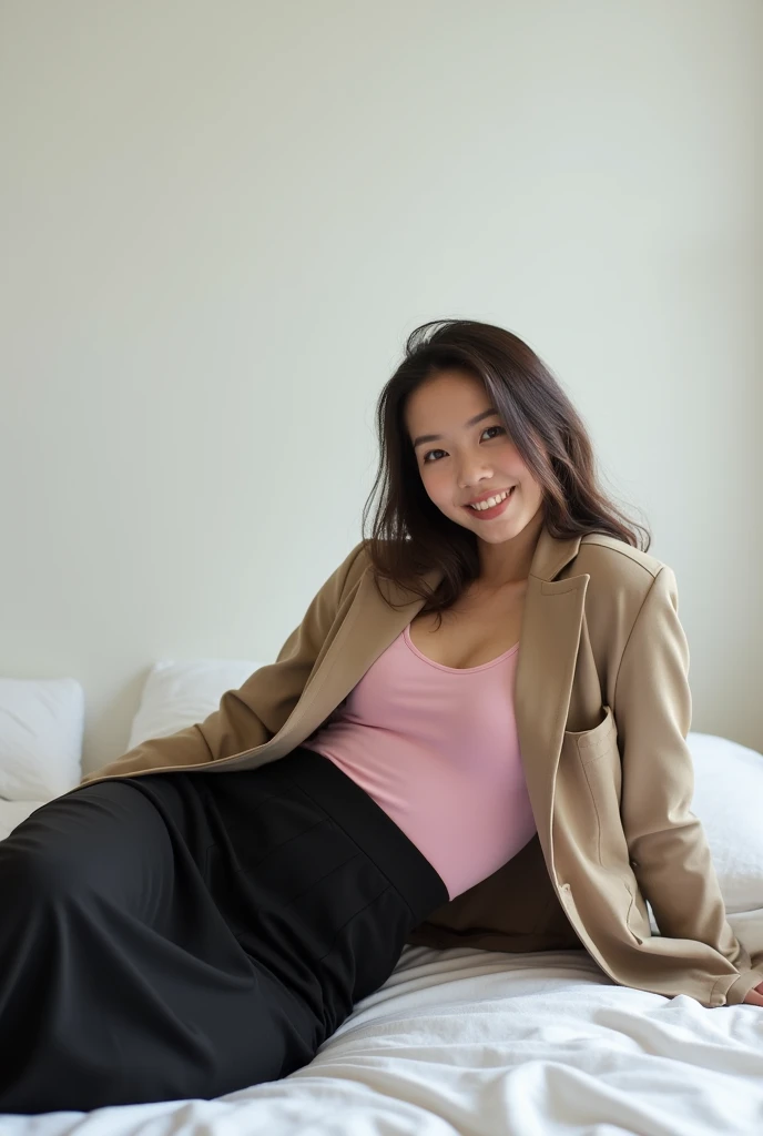 brunette, smile, physique: smallest belly ever, flat chest, skinny face, white wall, no decoration, long black skirt, pink shirt, long jacket, lying on bed, looking smiling at camera