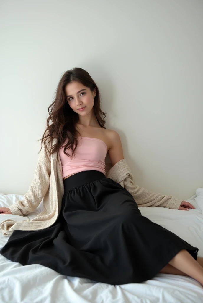 brunette, smile, physique: smallest belly ever, flat chest, skinny face, white wall, no decoration, long black skirt, pink shirt, long jacket, lying on bed, looking smiling at camera