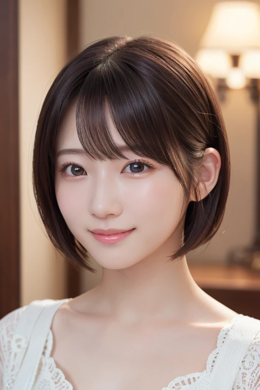 masterpiece, Highest quality, One Woman, (RAW Photos, Highest quality), (reality, Realistic:1.4), Tabletop、reality的、Stereoscopic lighting、Professional Lighting、Face Light、Smooth lighting、sexy、one piece、Sunburned skin、very detailed eyes and face, Beautiful and detailed nose, beautiful eyes, Perfect Anatomy、Bobcut、Brunette Hair 、bangs、Open your mouth、smile、Face Focus、indoor、