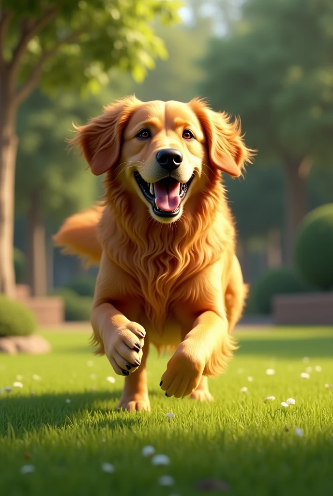 Golden Retriever、Dog park、Realistic fur、running、Realistic grass、
