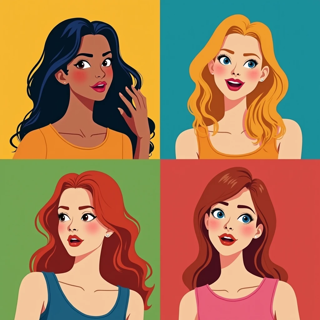 Poster divided into 4 parts in the colors yellow, blue, green and red, with a girl in each part: a brunette Brazilian, a South Korean, a blonde American, and a red-haired English girl. Each one makes a different facial expression.