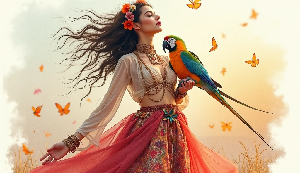A captivating and enchanting photography that beautifully captures the essence ofa free-spirited and radiant Bohemian woman. She has cascading wavy hair adorned with intricate floral accents and tenderly holds her beloved parrot. She wears a flowing, lively maxi skirt with intricate patterns, a boho top, and a draped shawl, all adorned with subtle accessories like feathers and flowers. With her eyes closed and lips parted, she exudes a dreamy expression, deeply connecting with the world around her. The artist masterfully employs the fluidity and texture of watercolors to create a mesmerizing piece with a soft pastel background that evokes an ethereal atmosphere. Vibrant colors infuse the scene, creating an otherworldly and magical ambiance., dark fantasy, illustration, product, 3d render, vibrant, painting, photo, fashion, hyper-detailed, epic detail, upgrade, glitter, sparkles, lively, bold,clean, vibrant, painting, illustration, dark fantasy, 3d render, product, fashion, photo