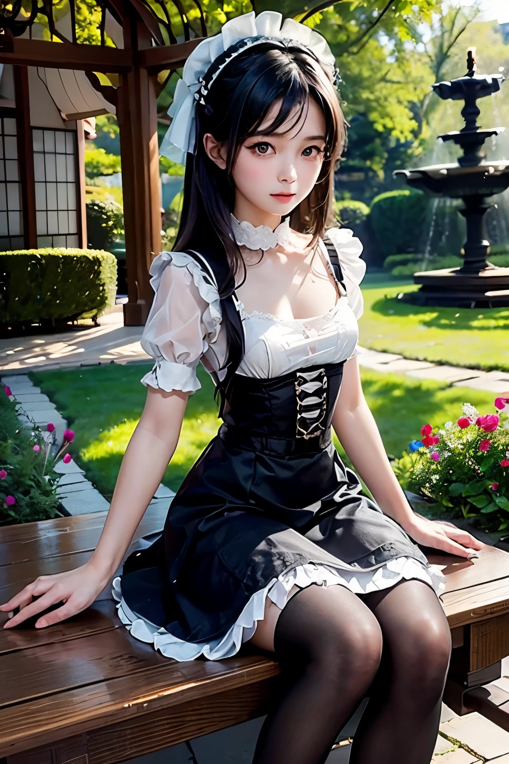masterpiece,Highest quality,Very detailed,Maid Girl,,Small breasts,Black Hair,very cute,Maid clothes,Outdoor,Garden Gazebo,Tea party
