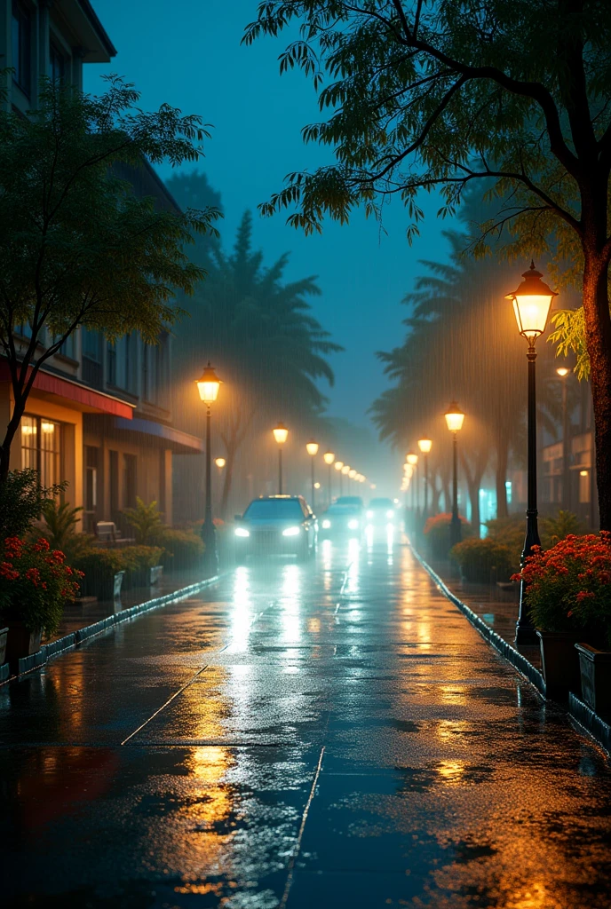 High quality. Large photo. Panoramic view, Image from the street , night time , low night lights , cars lights, the rain looks so beautiful in the street , some flower plants on the side of the street