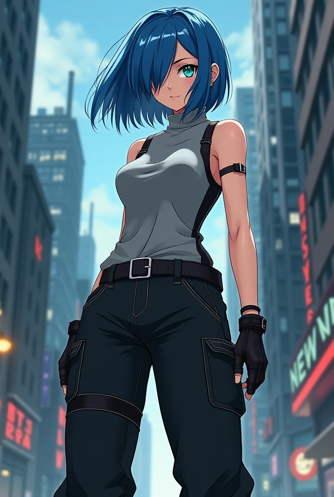 a girl wears black scarf, sleeveless gray turtleneck with black stripe at the end of shoulders, black belt, black jogger cargo pants, black combat boots. She has blue short hair, her bangs is covered her left eye, teal color eyes. in anime art style