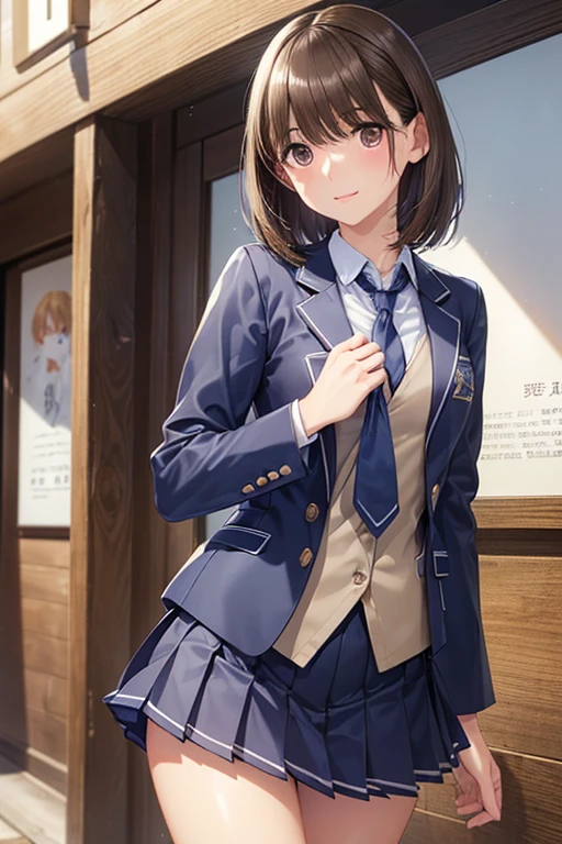 anegasaki nene、Shiny brown hair, short hair, (Beautiful brown eyes、Sparkling eyes, Fine grain)、smile、Ultra-detailed eyes、Highly detailed face, Highly detailed eyes,
((masterpiece,Highest quality:1.3,Best illustrations,Realistic)),Cowboy Shot,1 Female、solo,Two Japanese beauties,((very small head:1.3)),Gorgeous eyes,blush,shy,Medium chest,((Very long body:1.3)),((Toned body,Slender body,skinny)),Glowing Skin,Glowing Skin,Oily skin,Sweat,(school uniform、Dark blue blazer jacket、Navy blue tie、Grey plaid pleated mini skirt),on the road,Tokyo、