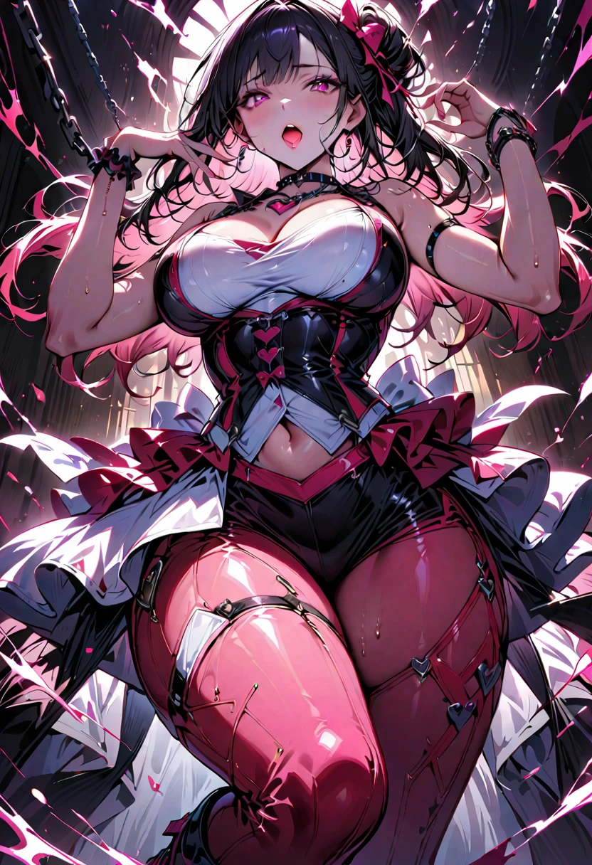One young and beautiful woman,(Highest quality,Extremely detailed depiction,Incredibly absurd high resolution,Anatomically accurate depiction,Nice hands,Perfect Fingers,Curvy Legs),(Glossのある肌,Oilskin),(Sexy Idol),(Sexy pink and white idol outfit,Cute hairstyle,tights,heart,Chain Choker,boots,Gloss,Chain Accessories,Bracelet made of chain),eyelash,Sweat:0.8(Glowing pink eyes,Large Breasts,Moist pink lips,Mouth open,Red face,Seductive gestures),