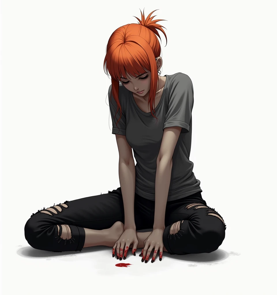 Woman with very short orange hair, gathered into a small ponytail, closed eyes, in a gray torn T-shirt and gray torn pants, sitting on his knees, hands in blood, no smile on face anime art, masterpiece, realistically, professional quality, super detail