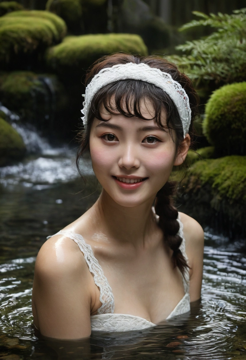 best quality, masterpiece, Ultra-high resolution, A supermodel soaks in a hot spring in Japan, Outdoor hot spring, Stone hot spring, Surrounded by moss and trees, Super beautiful face, Pure body, Clearly visible pores, (Smile:0.8), Wearing separates (Lace headband:1.2), (realism:1.5), original photo, Wet body, Sweating all over, Bare shoulders, in the darkness, Deep Shadows, Low profile, Cold Light