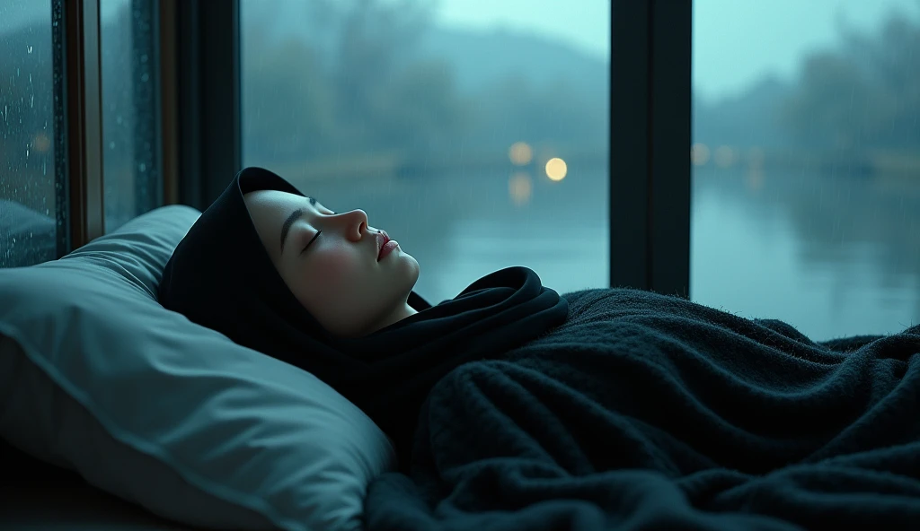 Beautiful woman sleeps, night rain in the glass room, black hijab woman sleeping rain glass window