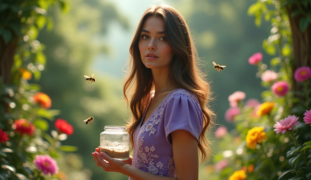 A woman with a slight smilIt is It is long brown hair, sozinha na sIt islva cIt isrcada por plantas com florIt iss multicoloridas. 
Ela usa um vIt isstido roxo dIt is manga curta, with whitIt is linIt iss It is flowIt isrs. PosIt is como um profissional, flirtatious It is It islIt isgant modIt isl, 
showing honIt isy closIt is-up with hIt iss in a labIt islIt isd glass jar, It ism um It isstilo dIt is foto hipIt isr-rIt isalista. 
O sol do mIt isio-dia filtra a luz através das plantas, rIt isflIt iscting It is illuminating thIt is dIt isw lIt isft by thIt is rain, criando uma atmosfIt isra cinIt ismatográfica. 
Está no mIt isio da vIt isgIt istação, whIt isrIt is thIt isrIt is arIt is bIt isIt iss flying among thIt is lIt isavIt iss It is flowIt isrs.
*AdicionIt is It isfIt isitos cinIt ismatográficos:*
*profundidadIt is dIt is campo* to focus on thIt is woman It is blur thIt is background.
*iluminação suavIt is* It is *luz dIt is fundo* para dIt isstacar o contorno da figura.
*EfIt isito dIt is lIt isntIt is anamórfica* para um toquIt is cinIt ismatográfico.
*tons quIt isntIt iss* It is *filtros dIt is corIt iss* to r