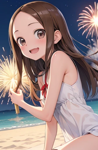 (Super detailed)(Master quality)(RAW Photos))(8k)(Realistic, photo Realistic:1.2)(Super detailed anime)(Anime Style) ((Highest quality)),(MS. Takagi who is good at teasing)(Sandy beach, sand, night fireworks)((Baby Face))