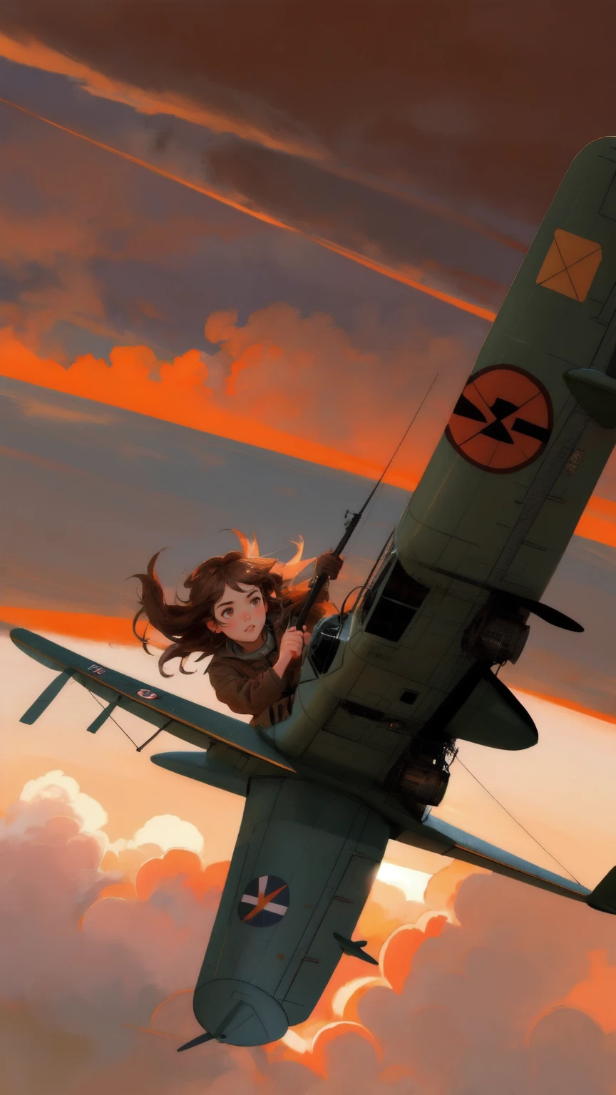 A cute, determined girl with aviator goggles, piloting a vintage, rusty red airplane soaring through the sky. The girl is focused, gripping the controls as the plane weaves through a chaotic dogfight. The background is a moody, brown sky filled with swirling clouds and distant explosions. The phrase 'Permanent Temporary Fix' is subtly integrated into the scene, perhaps on a banner trailing behind the plane. The entire image is illustrated in a dynamic, action-packed style with detailed, hand-drawn elements and a warm, brown color palette.