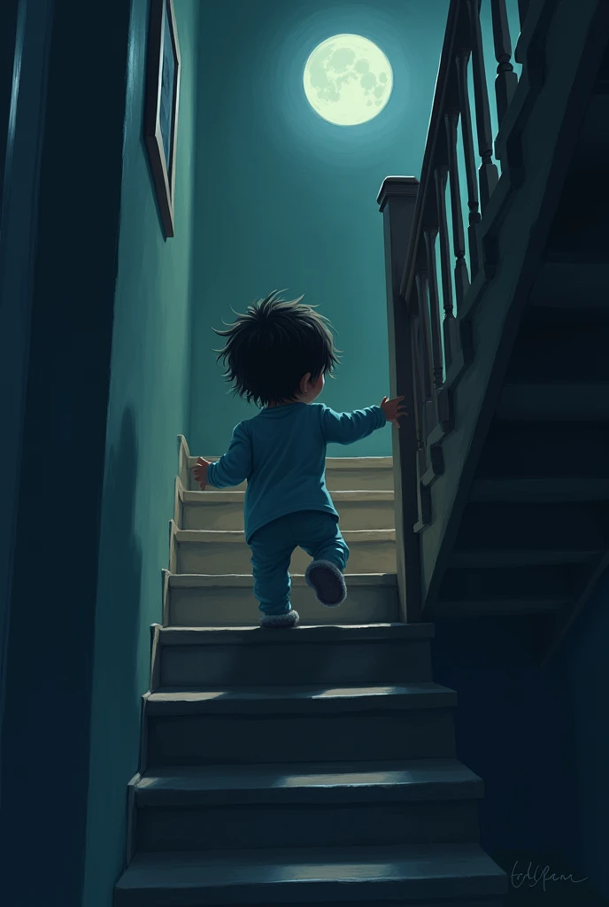 A  walking down the stairs at night 