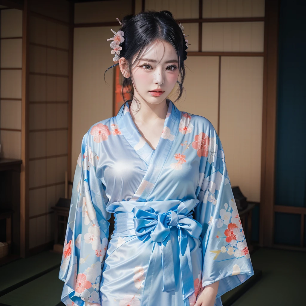 there is a woman in a kimono robe posing for a picture, in kimono, yukata, kimono, Japanese clothes, japanese kimono, classy yukata, wearing kimono, Japanese style, wearing a kimono, Light blue robe, in a kimono, pale and coloured kimono, Japanese Models, Traditional Japanese, classic kimono, Wearing a blue robe, Wearing a simple robe