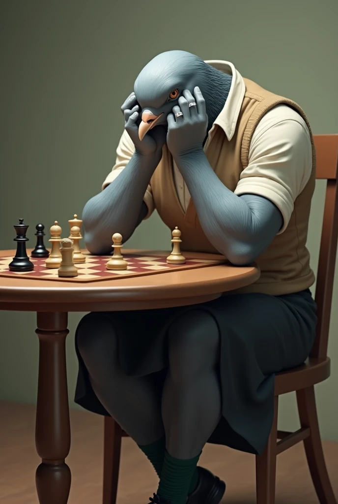 ((Highest quality)), ((masterpiece)), (detailed), A grey female pigeon wearing an off-white collared short-sleeved shirt, a light brown vest, a knee-length black skirt, dark green socks and black shoes,(Holding his head with both hands),Playing chess at the table,Muscular grey female pigeon,Photorealistic images,The background is simple,