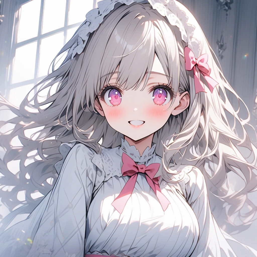 white髪の美しい少女,white色のドレス,Pink eyes,white,white,Large Breasts,smile