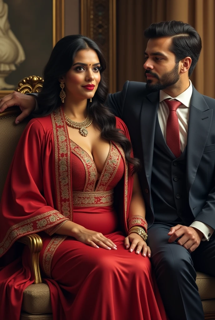 Wearing full body Academic regalia wealthy sri lankan average beautiful girl(big large breasts and butt) sit in chair with sri lankan wealthy age 35 man (software,electrical,garments companies owner)