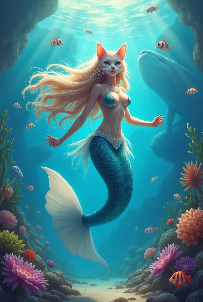 On the day of the festival, all the creatures of the ocean gather there. A bold-bodied mermaid cat with long hair performs a beautiful dance, gracefully moving her shimmering tail. All the ocean creatures express their joy and celebrate the festival.