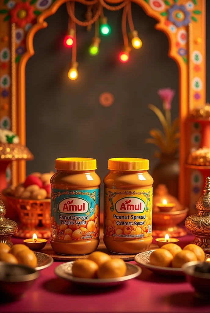 An image of Amul Peanut Spread jars surrounded by ganppati traditional festive decorations such as lights, candles, and sweets, creating a warm and celebratory atmosphere.