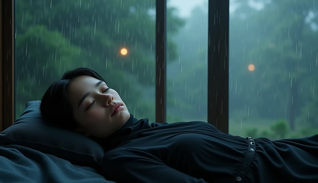 Beautiful woman sleeps, night rain in the glass room, black hijab woman sleeping rain glass window